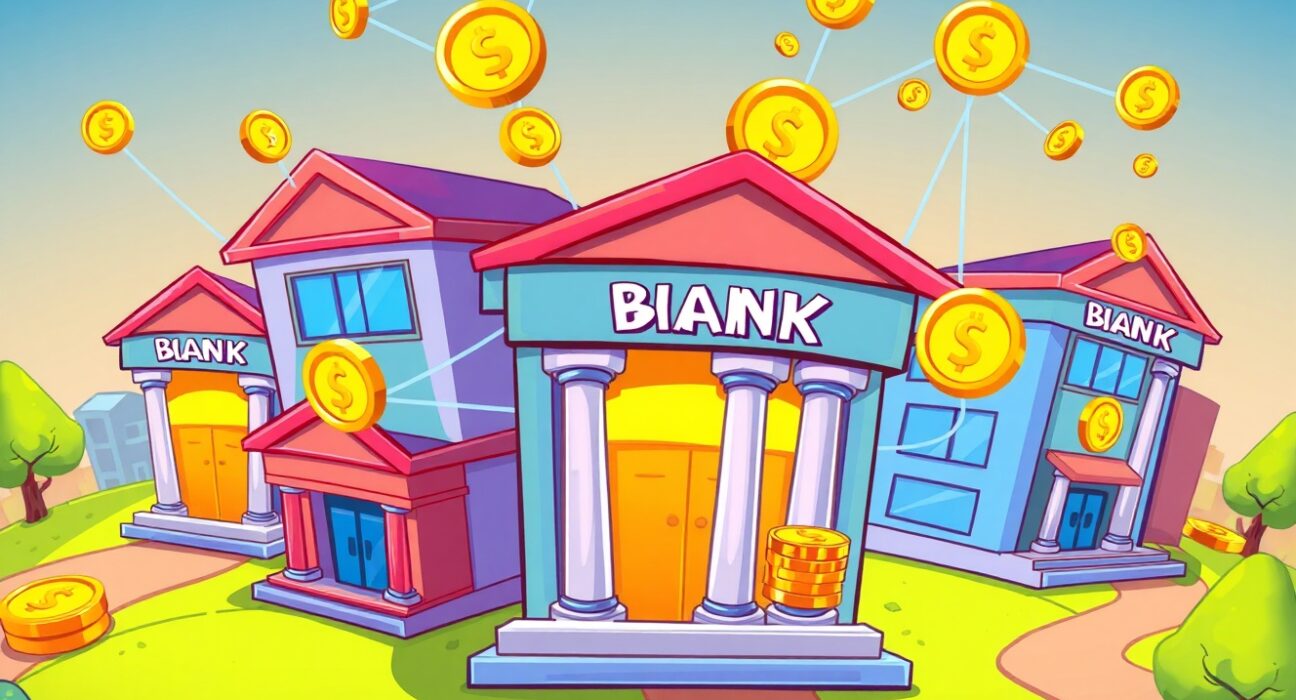 Collaborative bank stablecoin development showing multiple financial institutions working together on digital currency