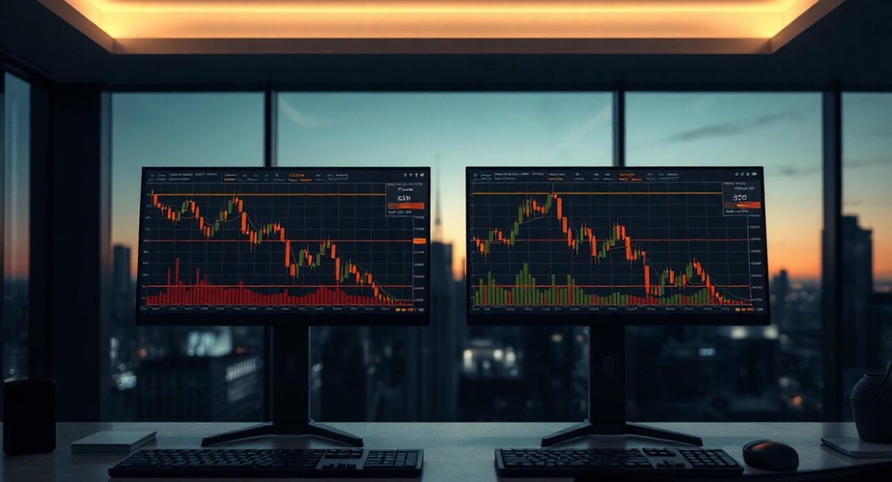 Trading monitors showing declining Bitcoin and gold price charts in a dimly lit office