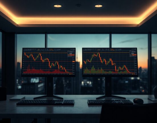 Trading monitors showing declining Bitcoin and gold price charts in a dimly lit office