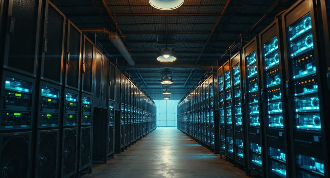 Interior view of a large Bitcoin mining facility with rows of ASIC miners operating under dim industrial lighting