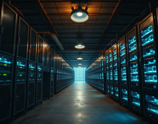 Interior view of a large Bitcoin mining facility with rows of ASIC miners operating under dim industrial lighting