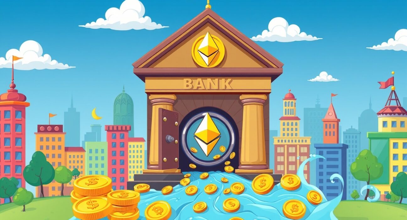 JPMorgan Bitmine stake investment in Ethereum cryptocurrency as vibrant cartoon illustration