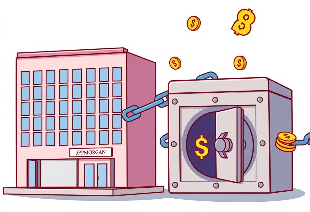 A cartoon image illustrating the secure and rapid transfer of funds via JPMorgan blockchain payments, connecting real estate and finance.