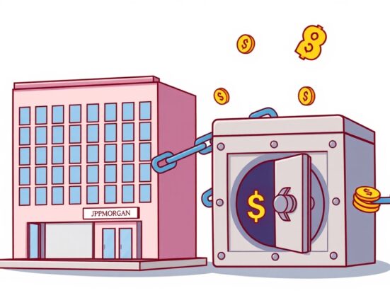 A cartoon image illustrating the secure and rapid transfer of funds via JPMorgan blockchain payments, connecting real estate and finance.