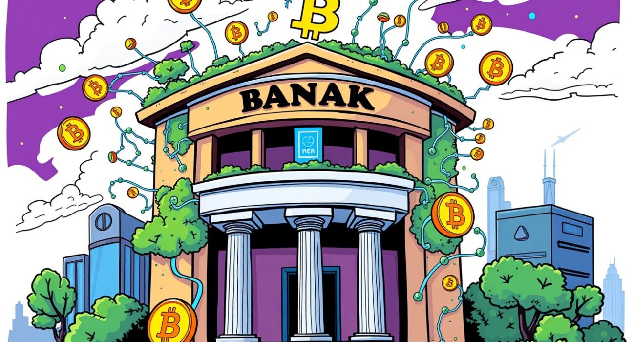 Cartoon of a traditional bank transforming with crypto and blockchain technology integration.
