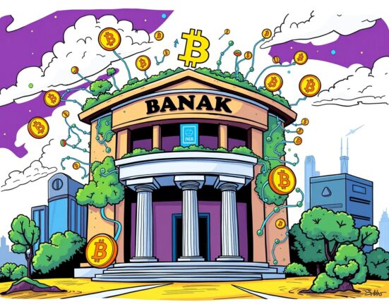 Cartoon of a traditional bank transforming with crypto and blockchain technology integration.