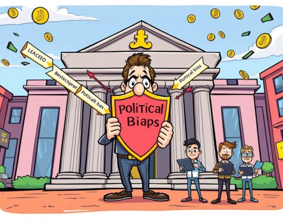 Cartoon of a bank CEO defending against accusations of crypto de-banking based on politics.