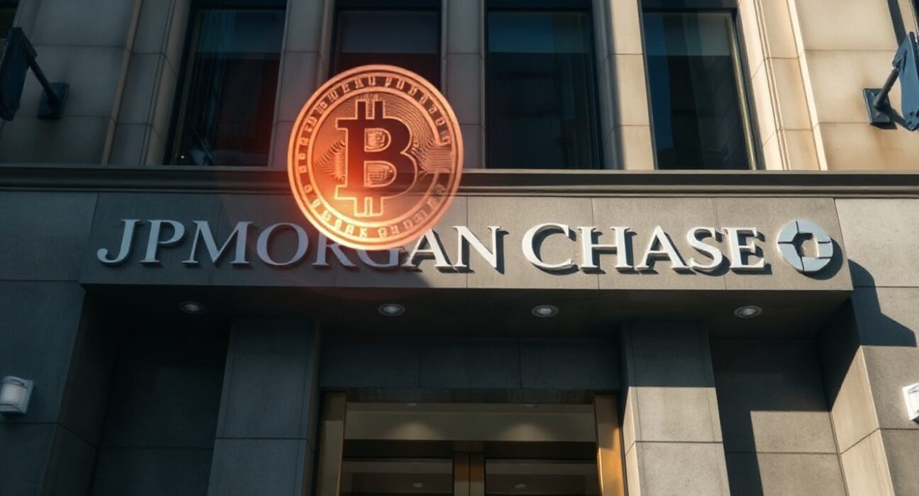 JPMorgan Chase headquarters building with digital coin symbol representing stablecoin news
