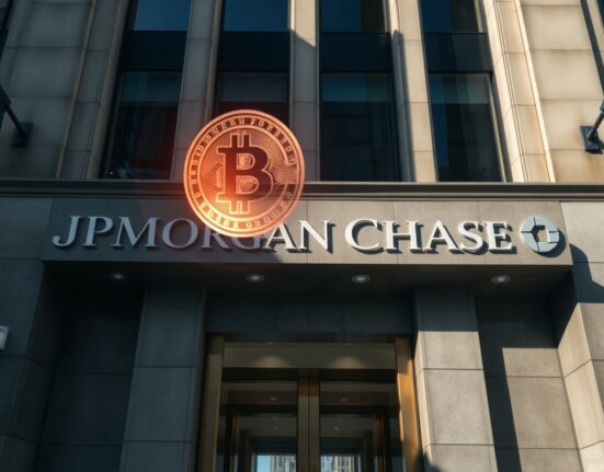 JPMorgan Chase headquarters building with digital coin symbol representing stablecoin news