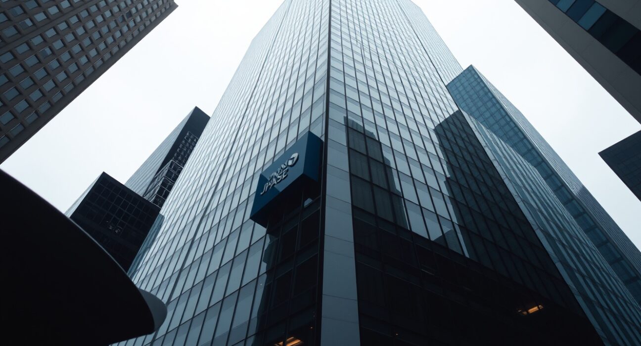 Exterior of a modern glass skyscraper in a financial district, representing JPMorgan Chase headquarters.