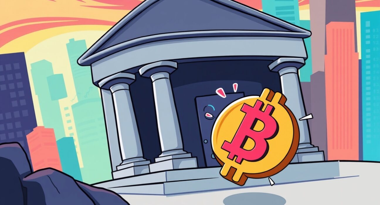 Cartoon illustration of bank closing crypto exchange account showing financial tension