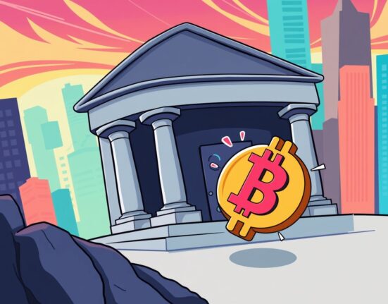 Cartoon illustration of bank closing crypto exchange account showing financial tension
