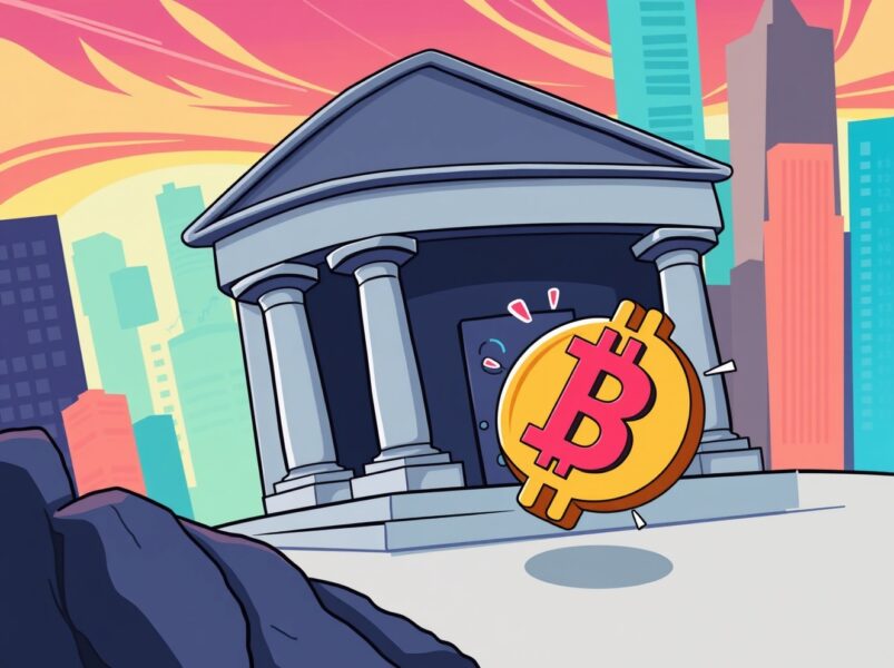 Cartoon illustration of bank closing crypto exchange account showing financial tension