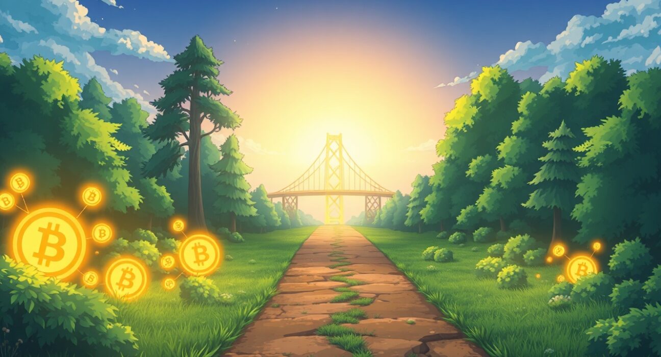 Symbolic Ghibli-style art representing the Cryptocurrency Market Structure Act bridging crypto innovation with regulatory clarity.