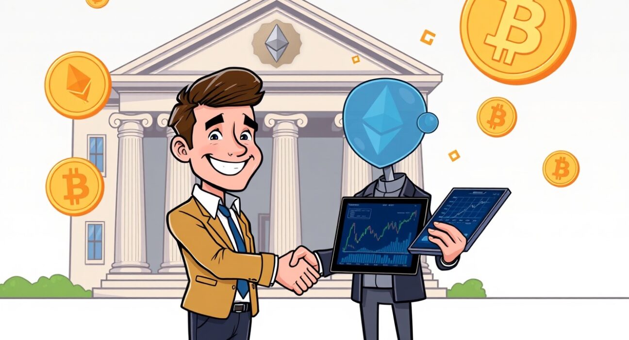 A JPMorgan banker and a crypto investor shaking hands, symbolizing the acceptance of crypto collateral for loans.