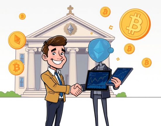 A JPMorgan banker and a crypto investor shaking hands, symbolizing the acceptance of crypto collateral for loans.