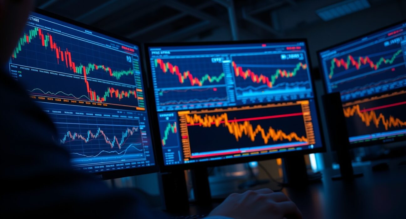 Trading desk monitors showing cryptocurrency perpetual futures charts and trading data