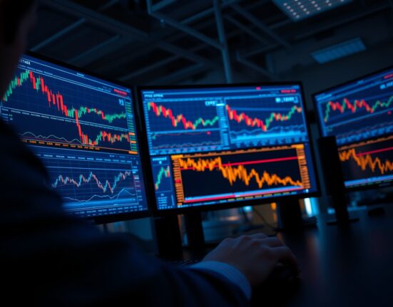 Trading desk monitors showing cryptocurrency perpetual futures charts and trading data