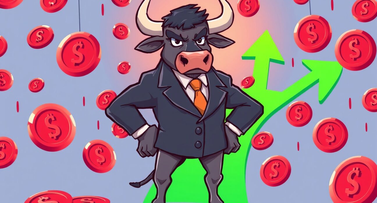 Hopeful cartoon bull representing a potential crypto rally amidst falling market prices.