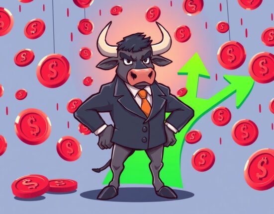 Hopeful cartoon bull representing a potential crypto rally amidst falling market prices.