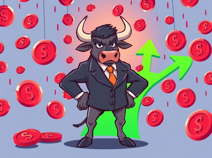 Hopeful cartoon bull representing a potential crypto rally amidst falling market prices.
