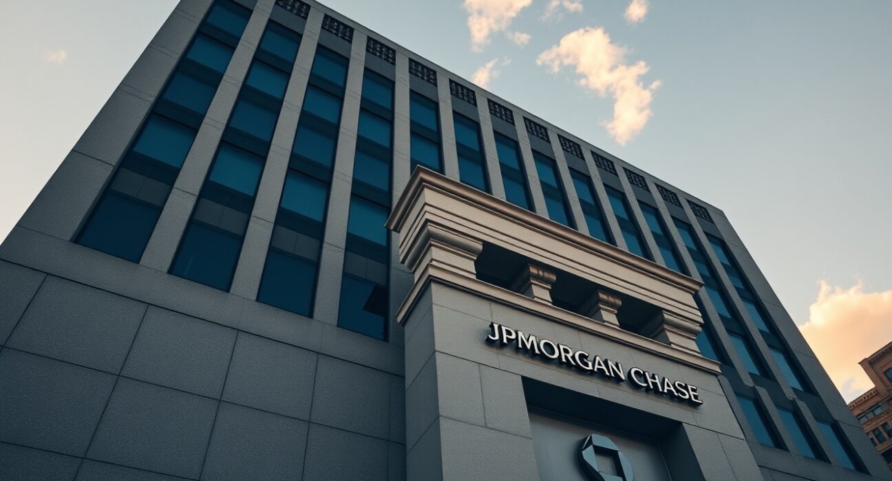 Exterior of a JPMorgan Chase bank building under a clear sky, representing financial regulation and stability.
