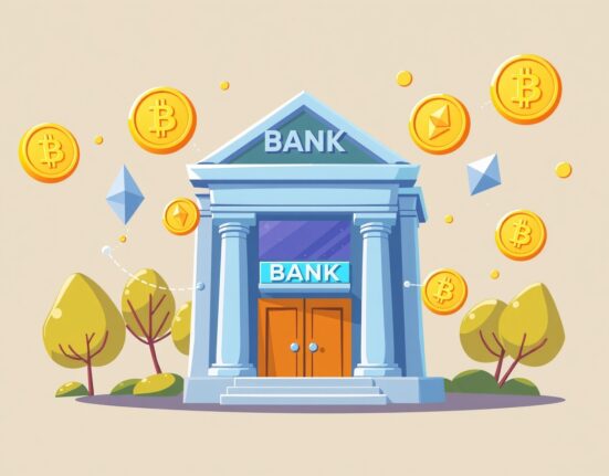 Cartoon illustration of JPMorgan bank embracing crypto trading with digital currency symbols.