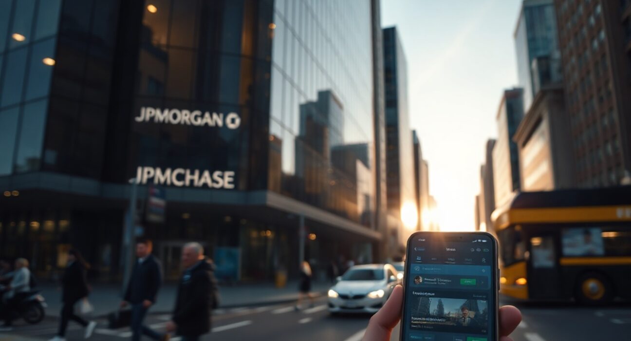 JPMorgan bank building exterior with a smartphone showing a prediction market interface in the foreground.