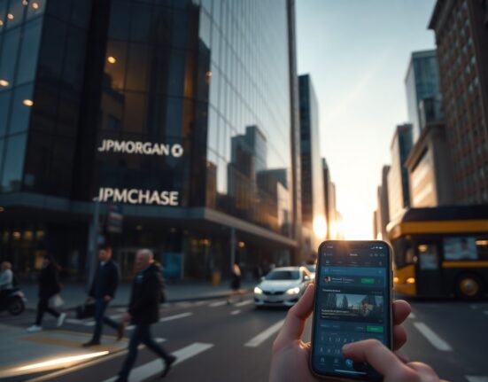 JPMorgan bank building exterior with a smartphone showing a prediction market interface in the foreground.