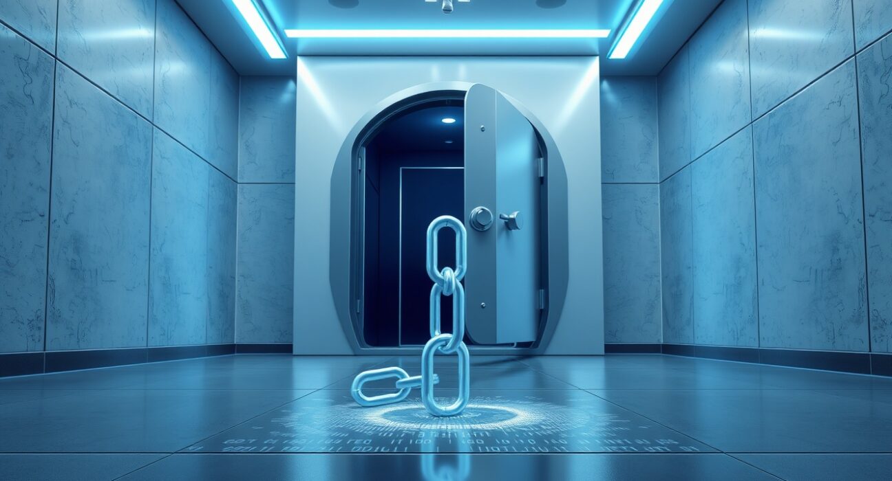 JPMorgan DeFi warning: broken digital chain near bank vault door representing hack risks undermining institutional appeal