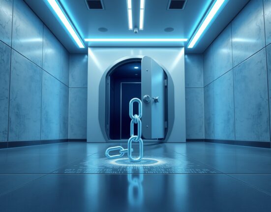 JPMorgan DeFi warning: broken digital chain near bank vault door representing hack risks undermining institutional appeal
