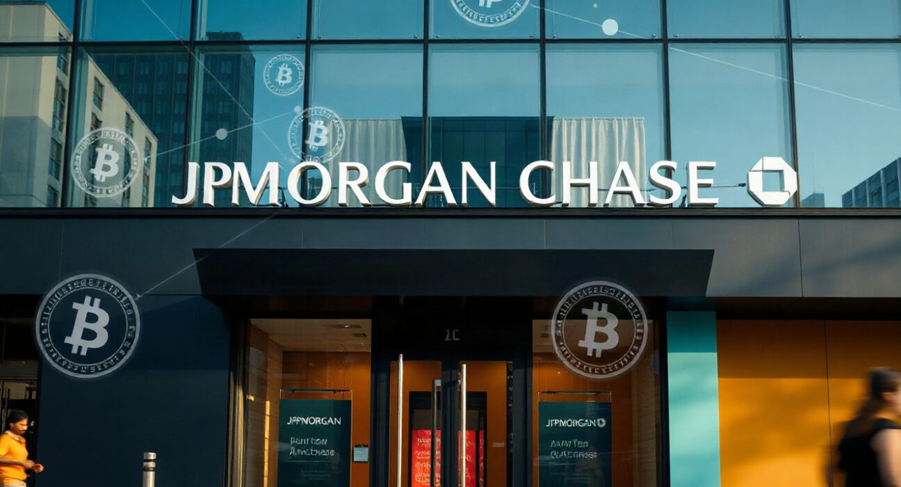 JPMorgan Chase bank branch exterior with subtle digital blockchain overlay representing crypto expansion