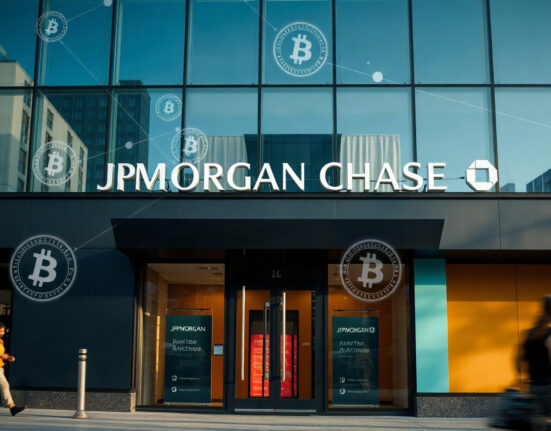 JPMorgan Chase bank branch exterior with subtle digital blockchain overlay representing crypto expansion