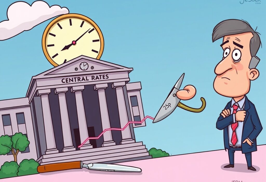 A cartoon illustration showing JPMorgan's cautious outlook on a September Fed rate cut, with a small 25 bp reduction highlighted.