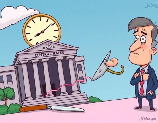 A cartoon illustration showing JPMorgan's cautious outlook on a September Fed rate cut, with a small 25 bp reduction highlighted.