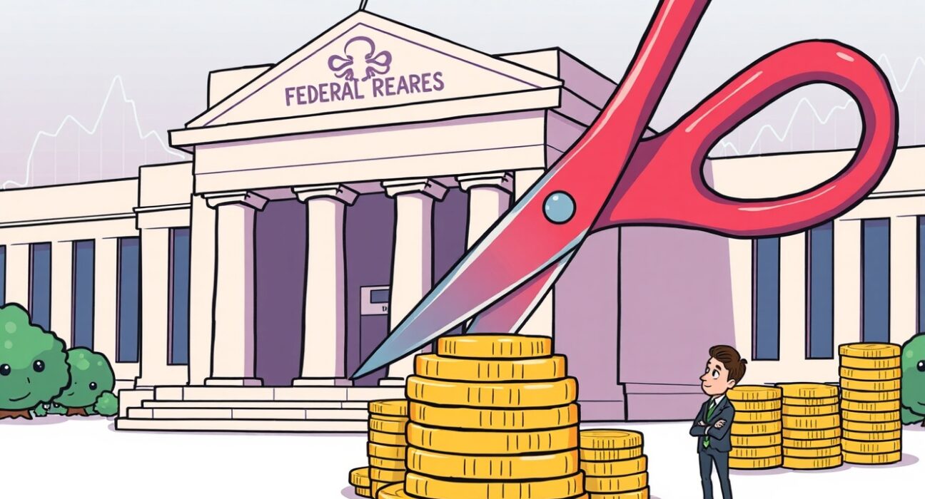 Cartoon illustration showing gradual Fed rate cuts, symbolizing JPMorgan's economic forecast and careful monetary policy adjustments.