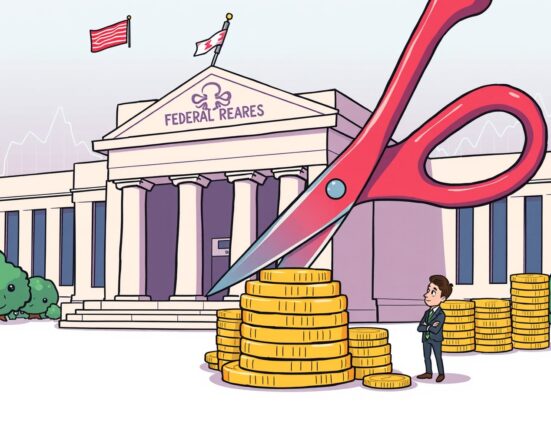 Cartoon illustration showing gradual Fed rate cuts, symbolizing JPMorgan's economic forecast and careful monetary policy adjustments.