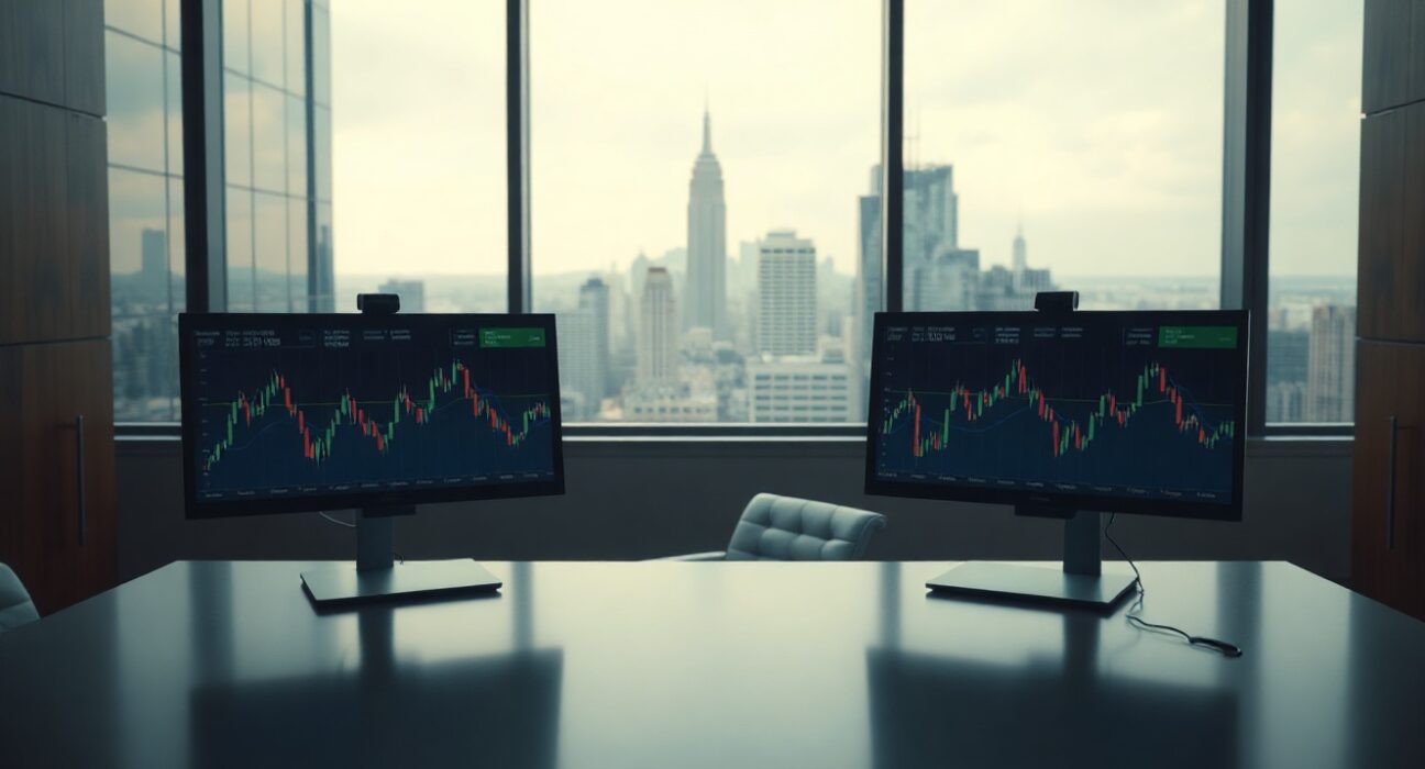 Professional desk with dual monitors displaying cryptocurrency charts in a modern office setting