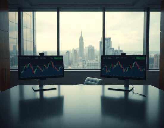 Professional desk with dual monitors displaying cryptocurrency charts in a modern office setting