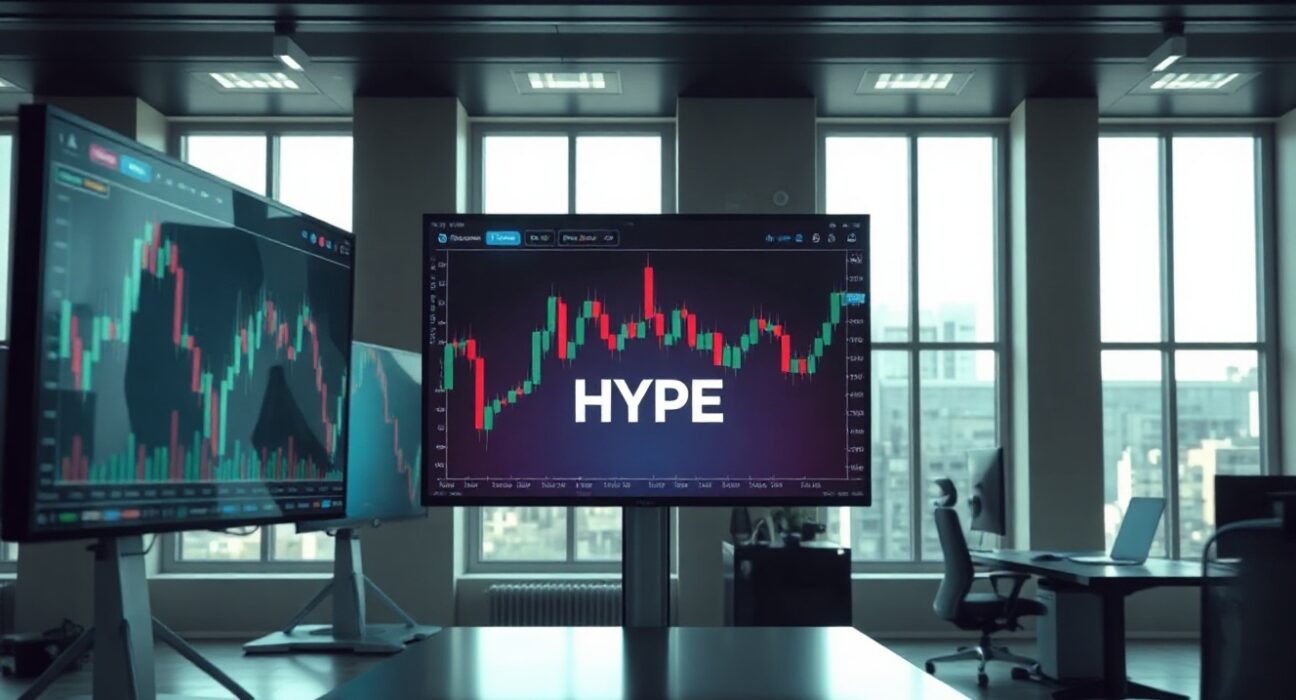 Trading screens showing crypto charts and HYPE token data in a modern office
