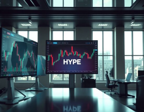 Trading screens showing crypto charts and HYPE token data in a modern office