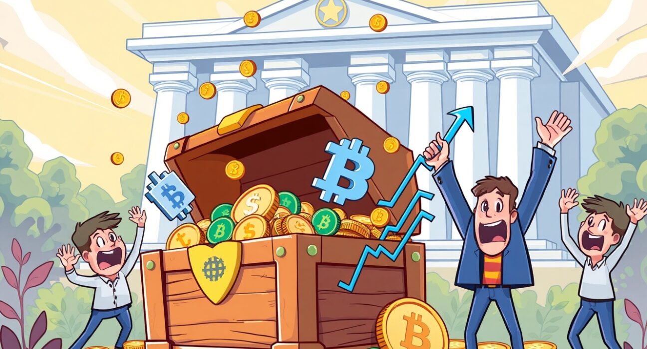 JPMorgan's growing IBIT holdings shown as digital treasure with Bitcoin symbols