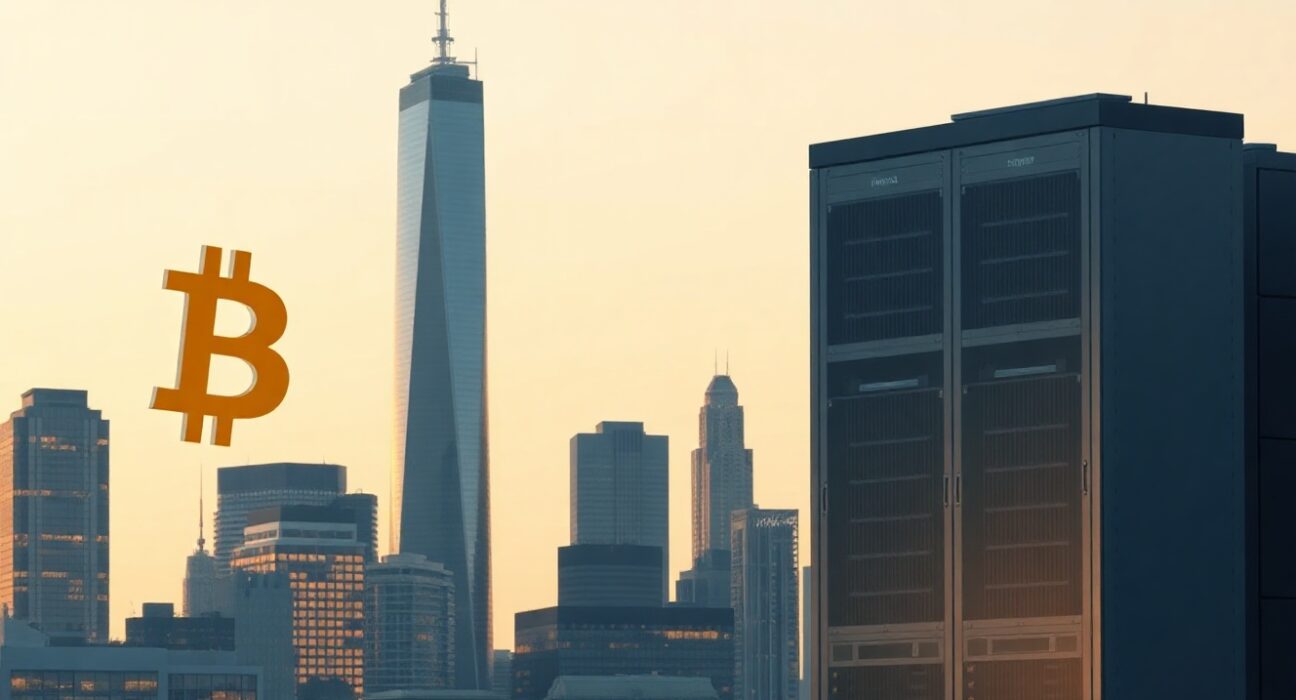 Bitcoin symbol contrasted with institutional blockchain servers in a financial district skyline
