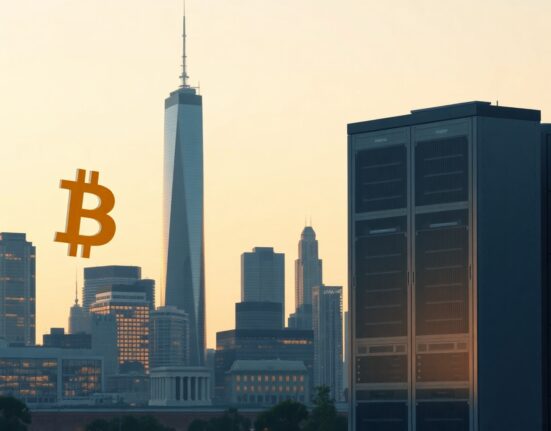 Bitcoin symbol contrasted with institutional blockchain servers in a financial district skyline