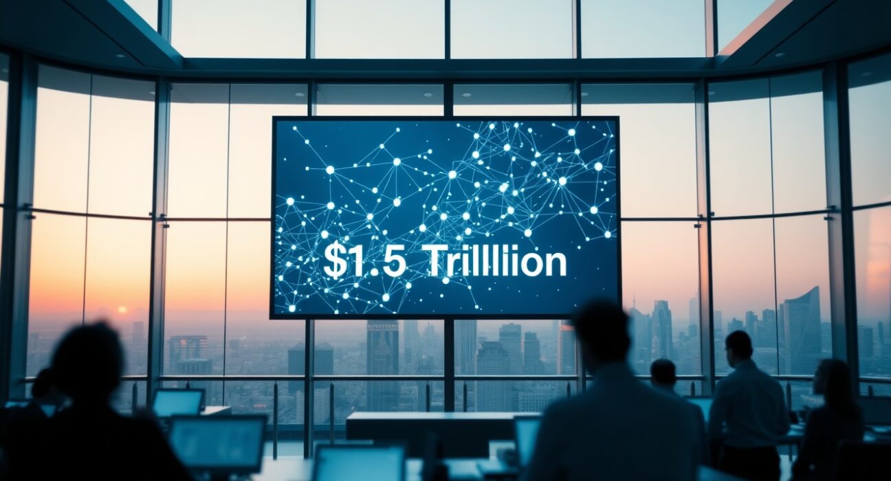 Digital screen showing blockchain network visualization with $1.5 trillion counter on a modern trading floor