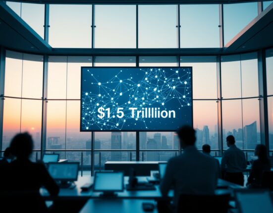 Digital screen showing blockchain network visualization with $1.5 trillion counter on a modern trading floor