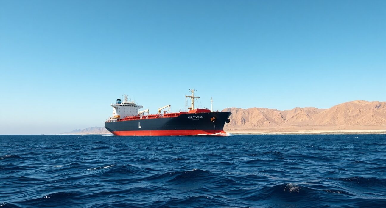 Oil tanker in the Strait of Hormuz illustrating the key chokepoint for global oil shipments.
