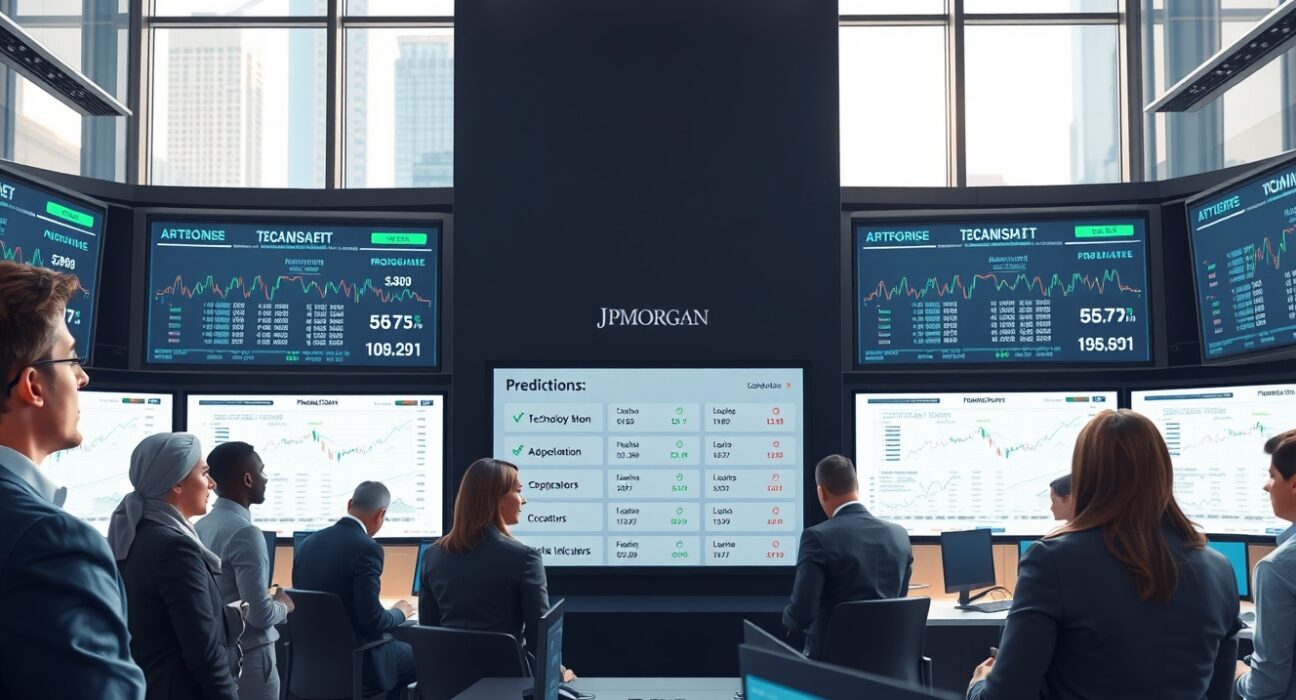JPMorgan analysts monitoring prediction market data visualizations for financial and corporate forecasting.