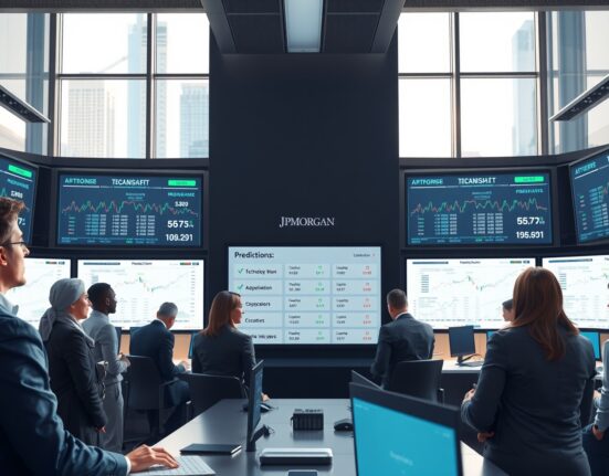 JPMorgan analysts monitoring prediction market data visualizations for financial and corporate forecasting.