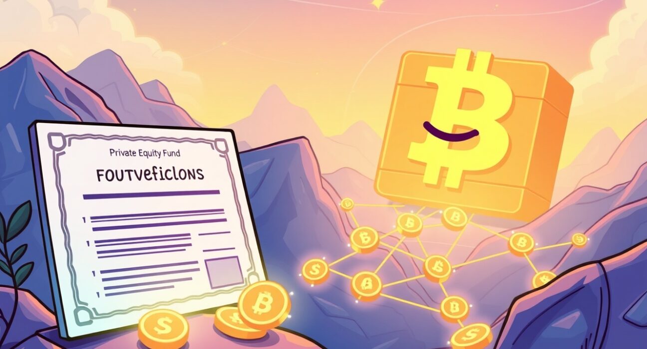 A cartoon illustration showing the process of private equity tokenization on a blockchain, symbolizing JPMorgan's innovative move.